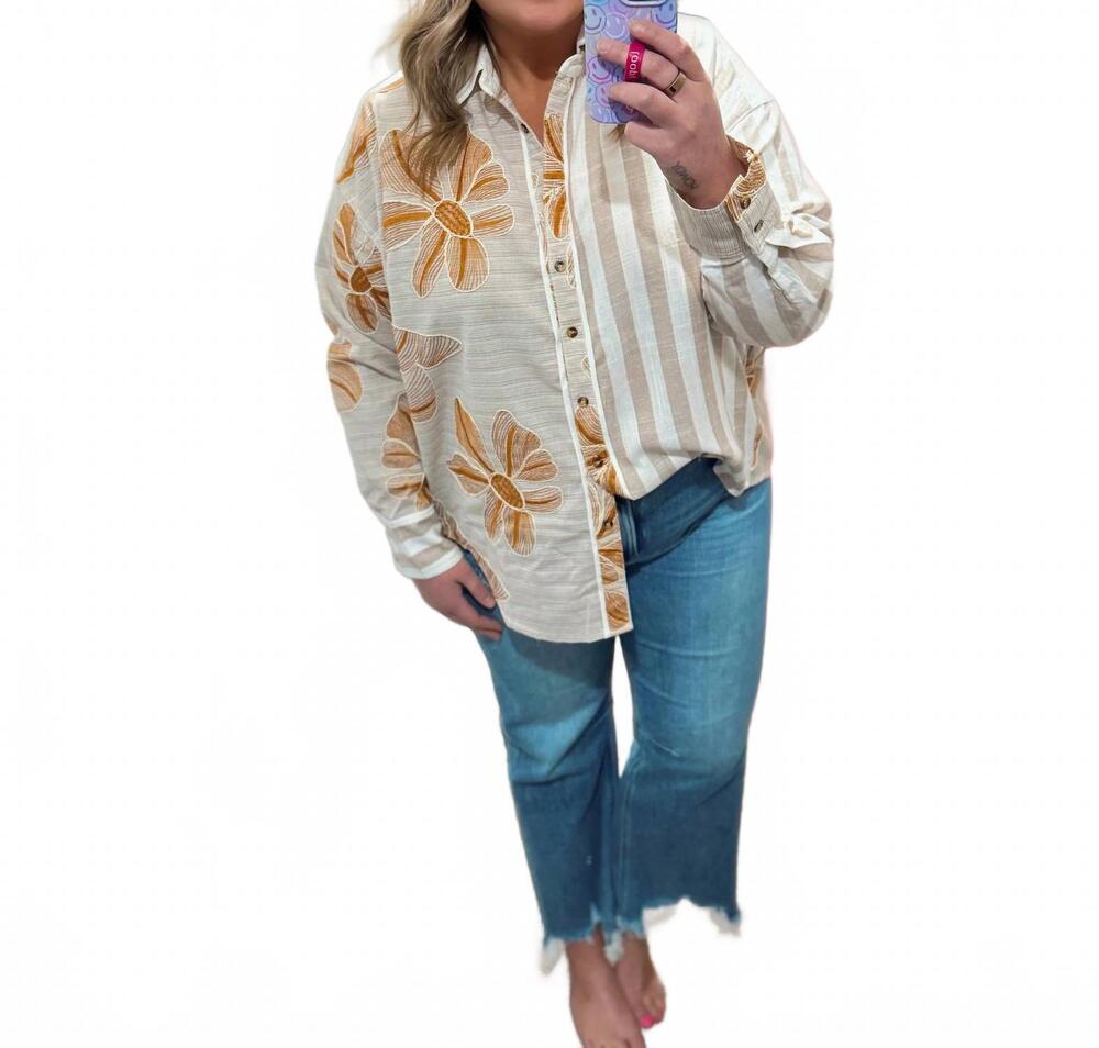 NEW SEW IN LOVE women's long sleeve embroidered flower shirt in beige